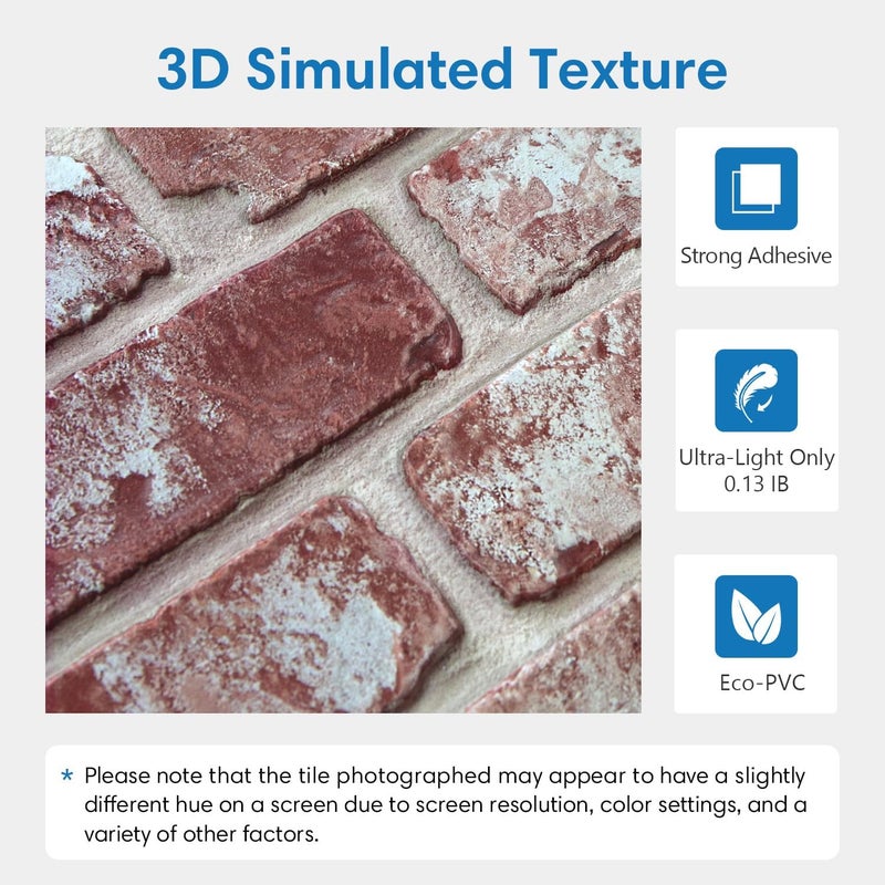 COMSTICKC 3D Faux Brick Peel and Stick Wall Panels,10 Pcs of 12"X12",Small Size, Thin PVC 3D Fake Brick Self Adhesive Wall Covering Faux Brick Backsplash Interior Decor, Whitewash Red - Image 3